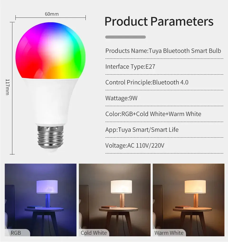 💡 Tuya LED Smart Light Bulbs | RGB   White | 9W Bluetooth Smart Lamp for Home | Remote Control & Group Control | E27