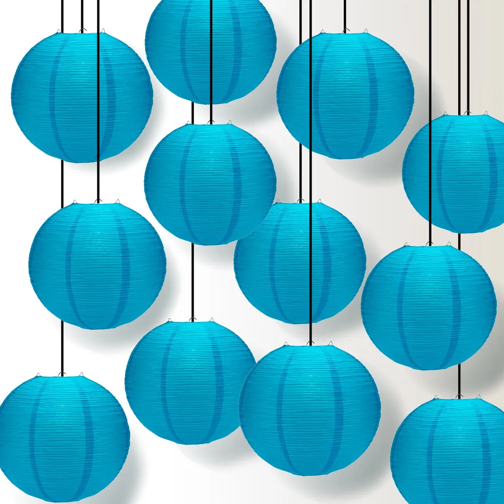 12 PACK | 12" Turquoise Blue Fine Line Premium Even Ribbing Paper Lantern, Extra Sturdy