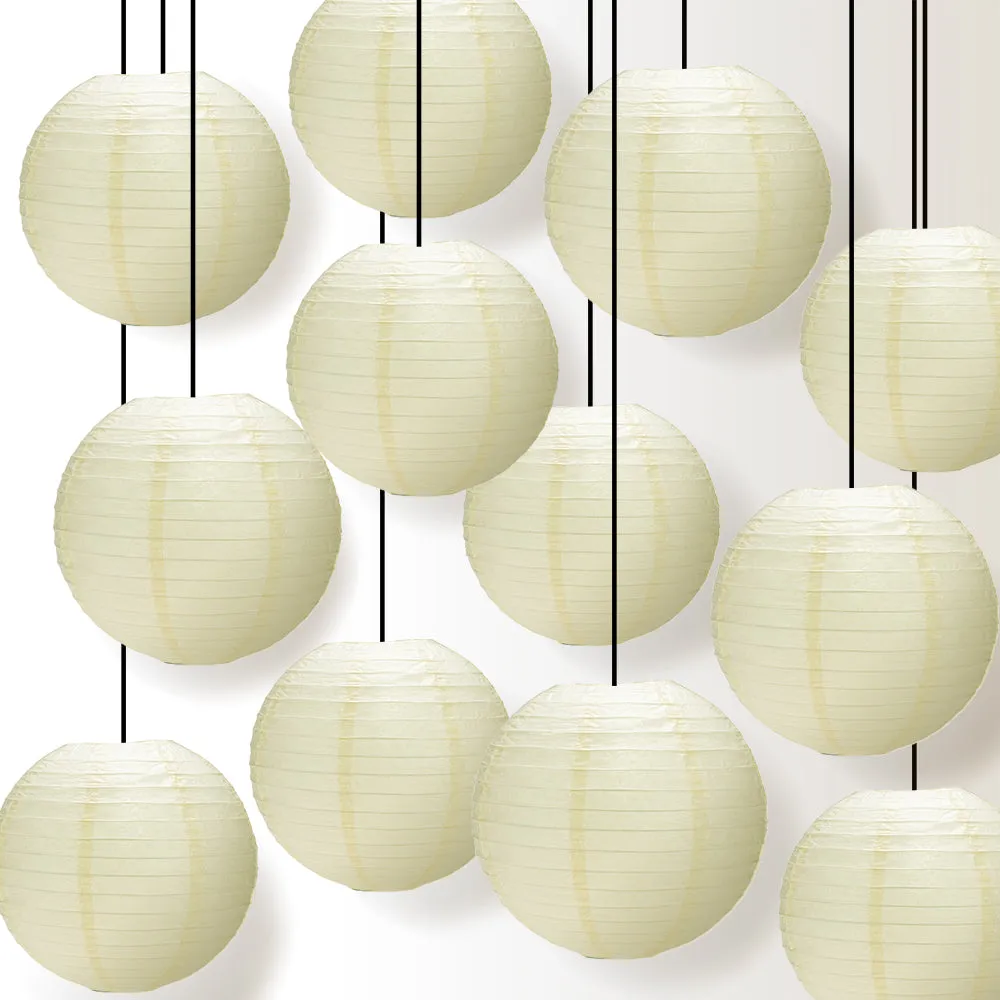 12 PACK | Ivory Even Ribbing Round Paper Lantern, Hanging Combo Set