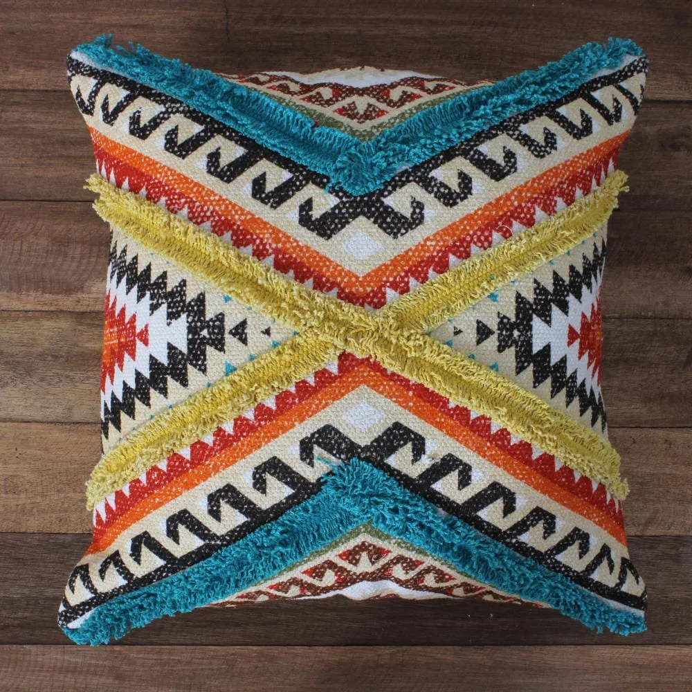 18 x 18 Square Cotton Accent Throw Pillow, Aztec Tribal Inspired Pattern, Trimmed Fringes, Set of 2, Multicolor By The Urban Port