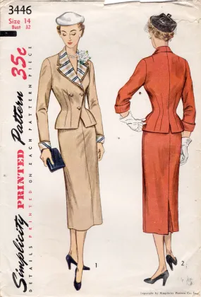 1950’s Simplicity Two Piece Suit Dress Pattern with Nipped Waist and Detachable Collar and Cuffs - Bust 32" - No. 3446