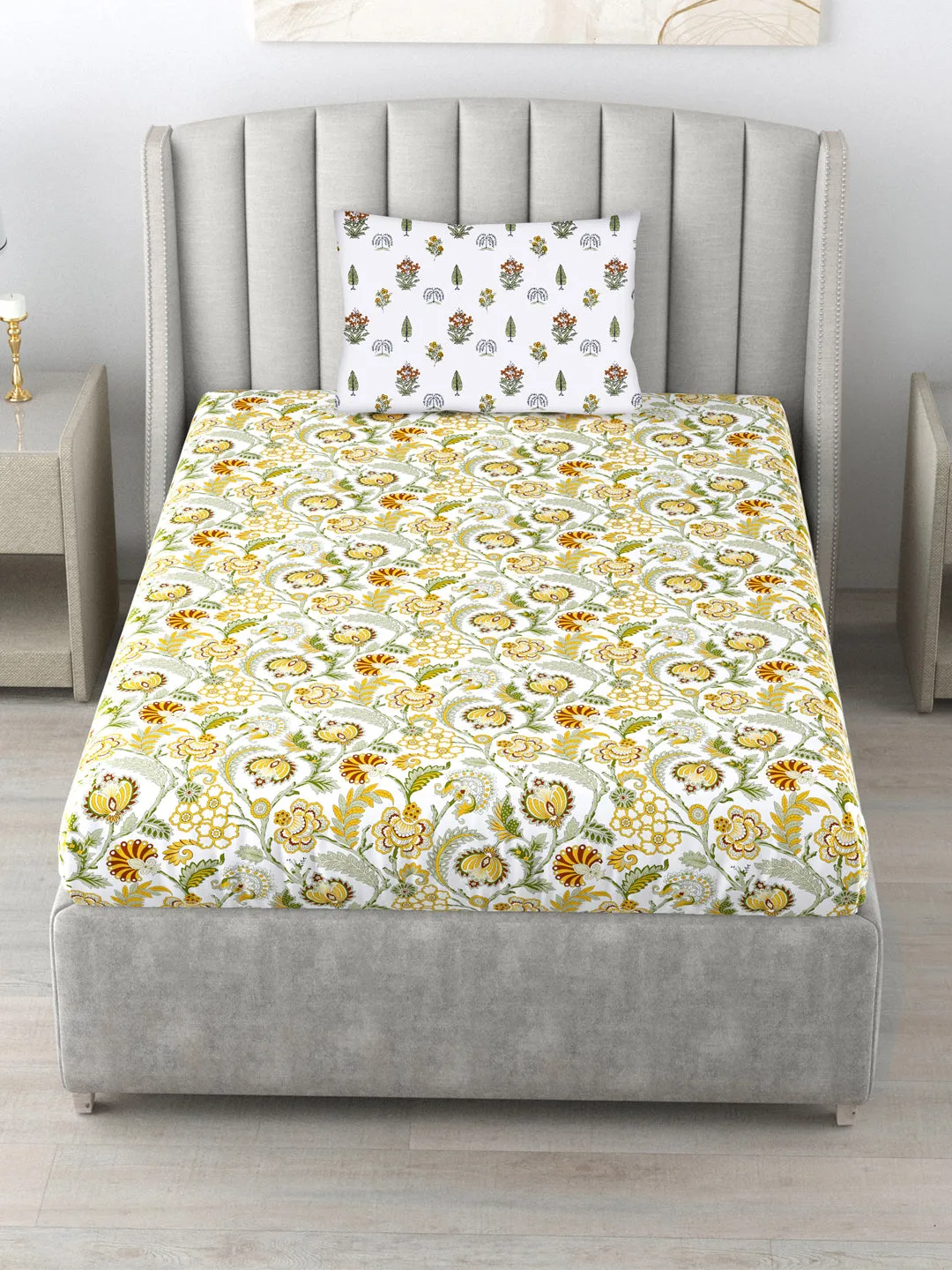 220 TC 100% Cotton Printed Bedsheet with Pillow Covers - Creeper Mustard