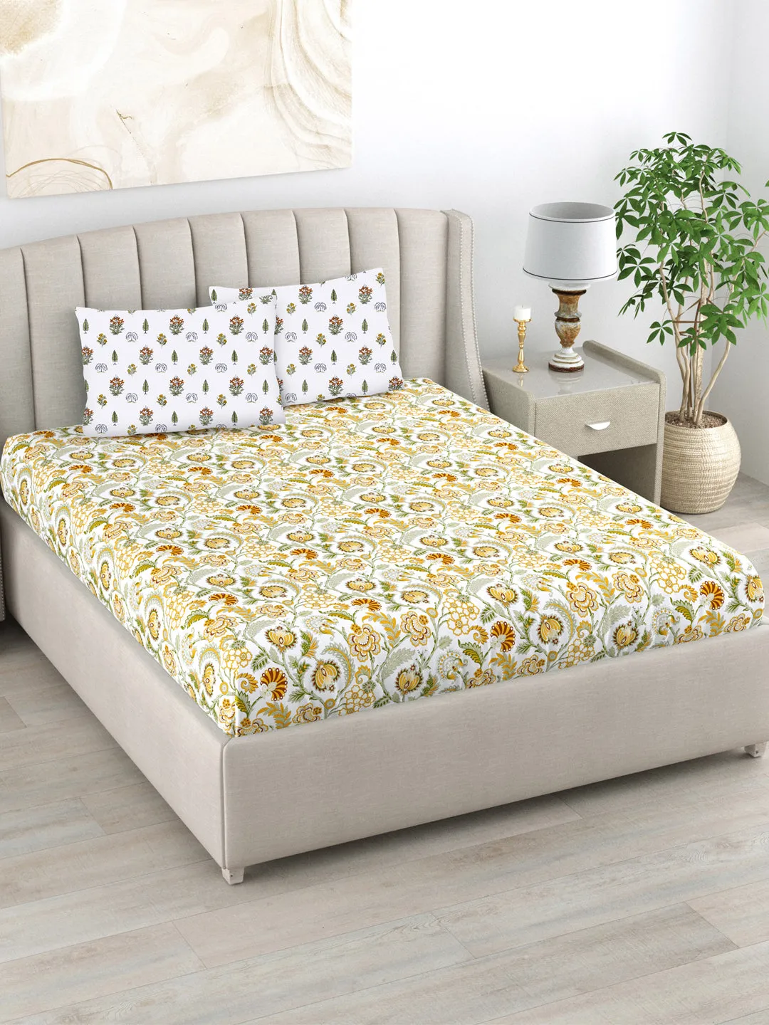 220 TC 100% Cotton Printed Bedsheet with Pillow Covers - Creeper Mustard