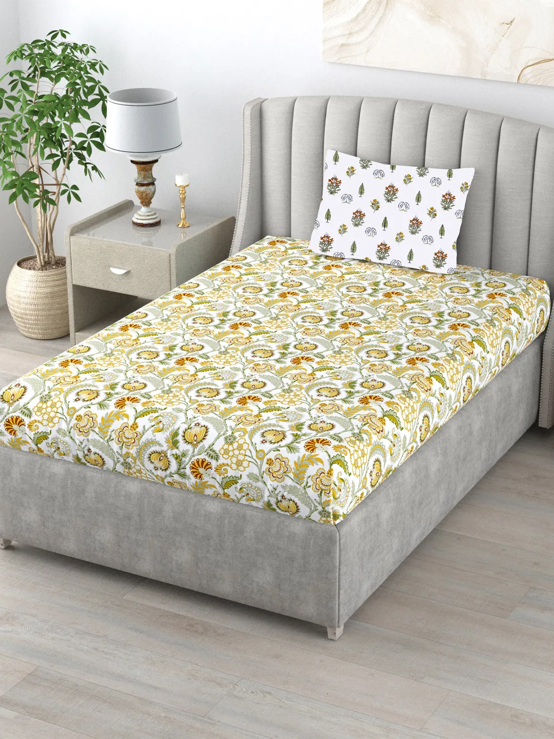 220 TC 100% Cotton Printed Bedsheet with Pillow Covers - Creeper Mustard