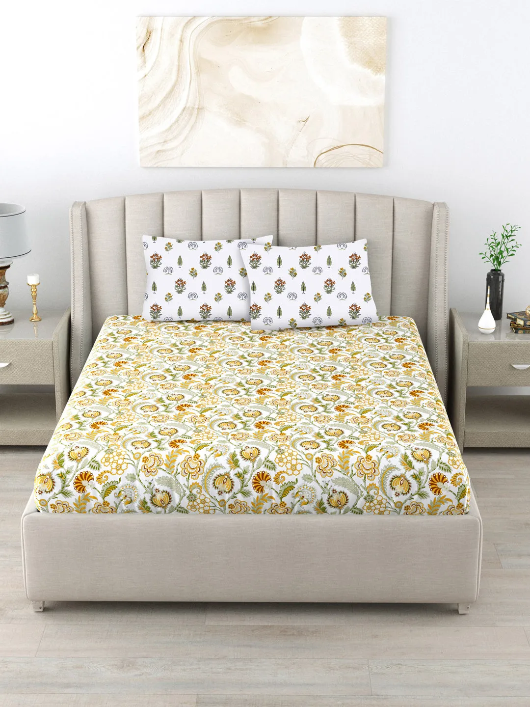 220 TC 100% Cotton Printed Bedsheet with Pillow Covers - Creeper Mustard