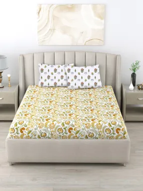 220 TC 100% Cotton Single Printed Bedsheet with Pillow Covers - Creeper Mustard