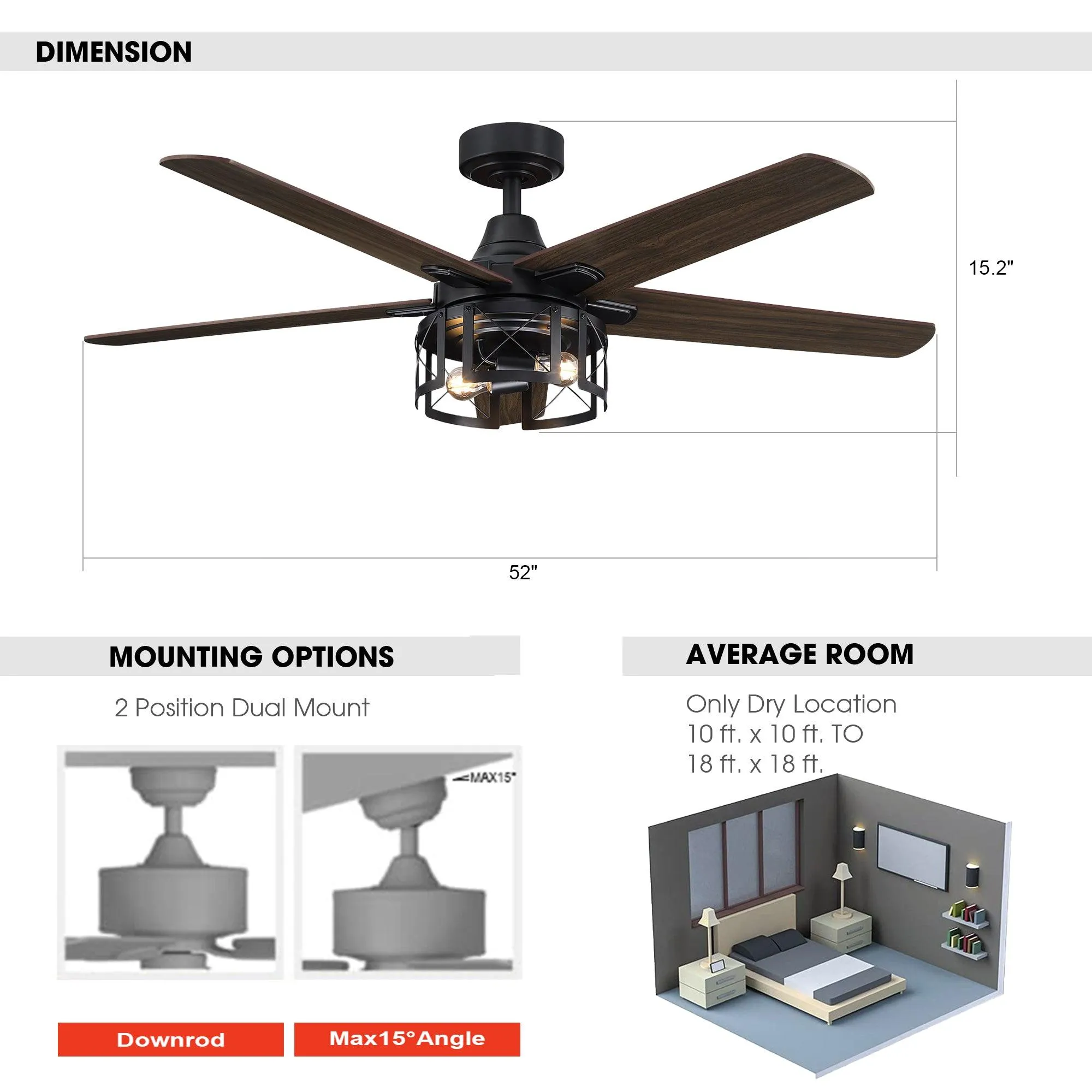 52" Kolkata Industrial Downrod Mount Reversible Ceiling Fan with Lighting and Remote Control