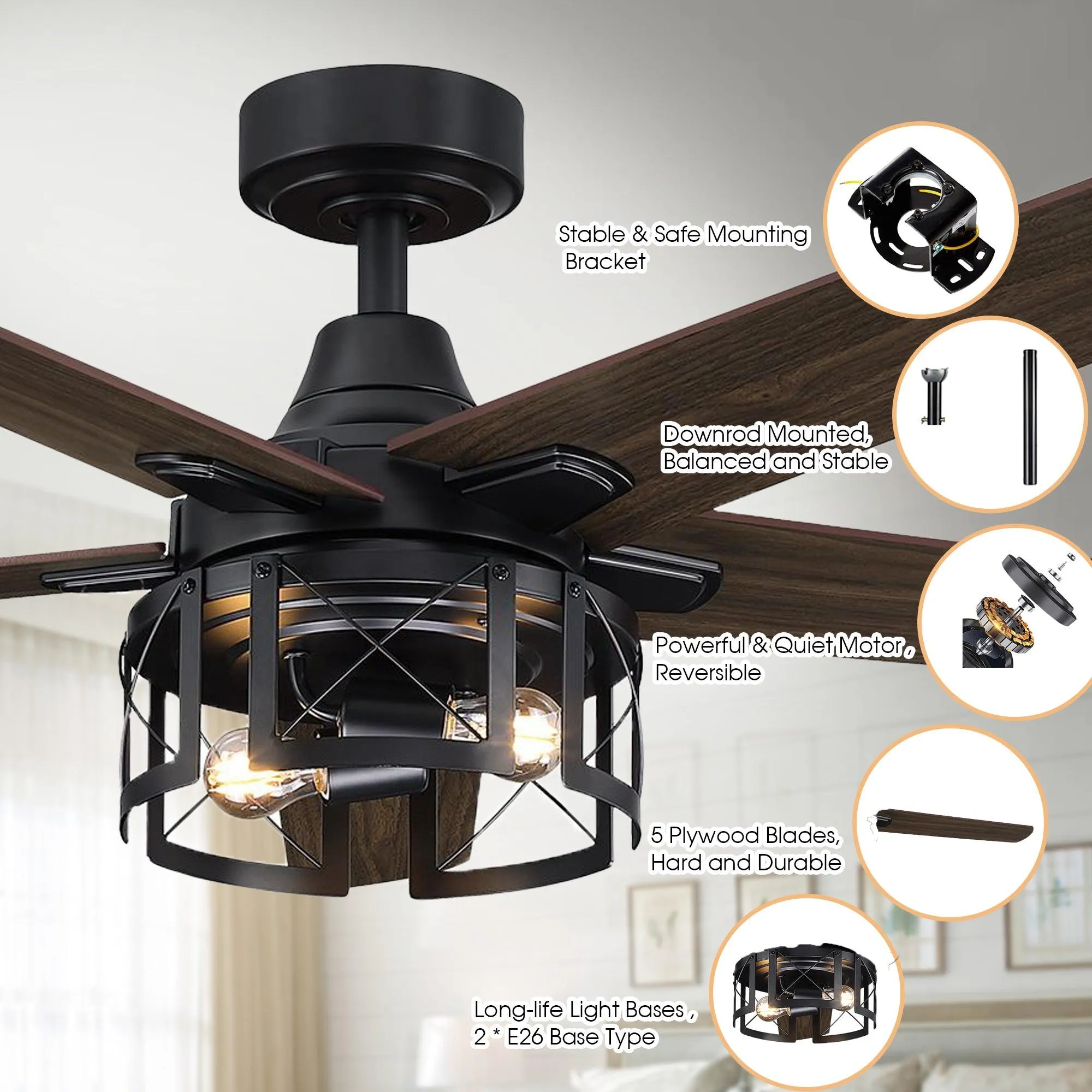 52" Kolkata Industrial Downrod Mount Reversible Ceiling Fan with Lighting and Remote Control