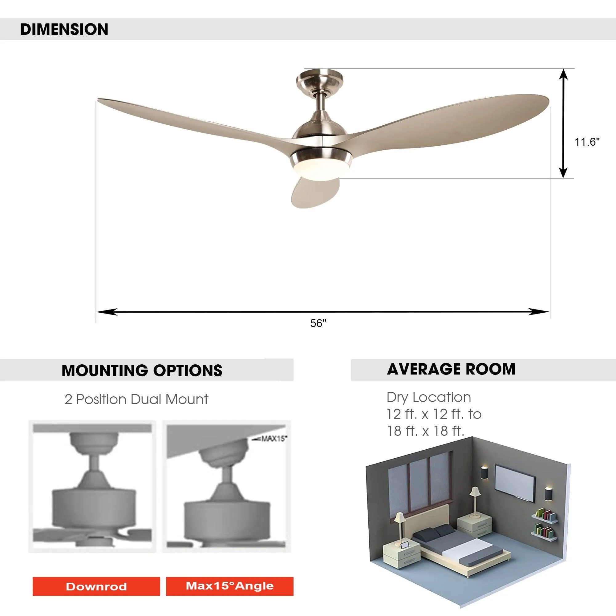 56" Bernardino Modern Brushed Nickel DC Motor Downrod Mount Reversible Ceiling Fan with Lighting and Remote Control