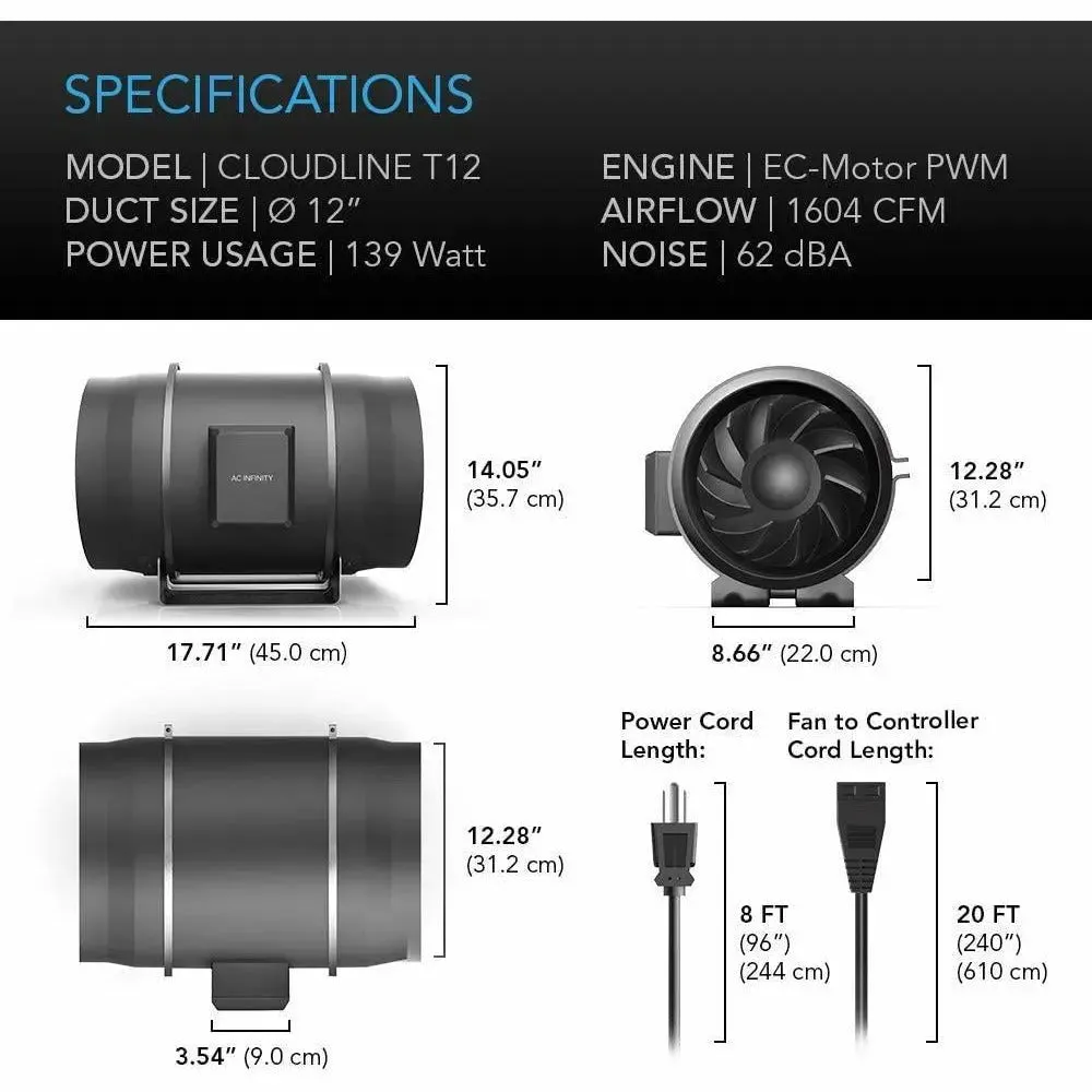 AC Infinity CLOUDLINE T12 Inline Duct Fan w/ Bluetooth Controller, 12"