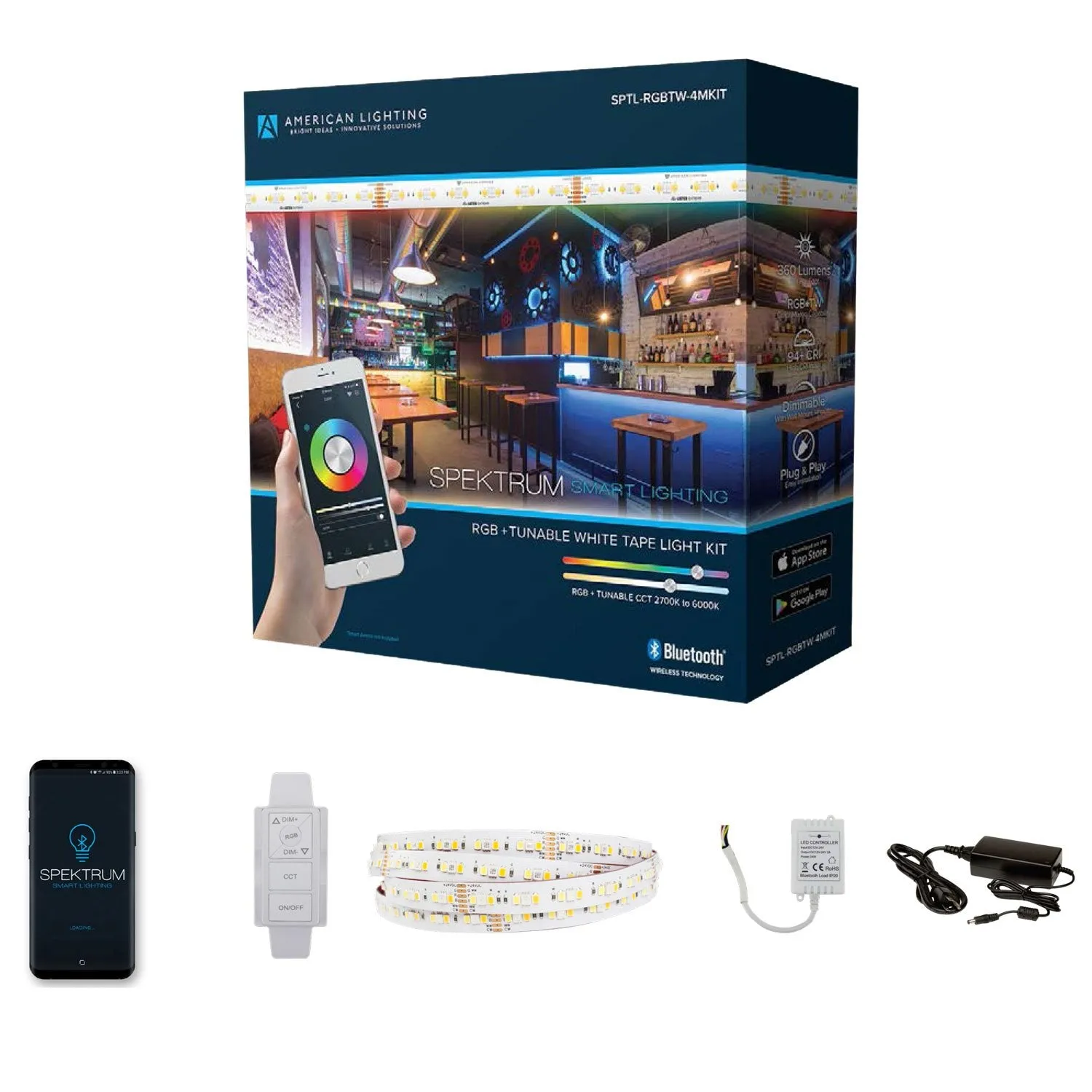 American Lighting SPTL-RGBTW-4MKIT - Bluetooth LED Tape Light Kit - SPECTRUM - RGB Tunable CCT