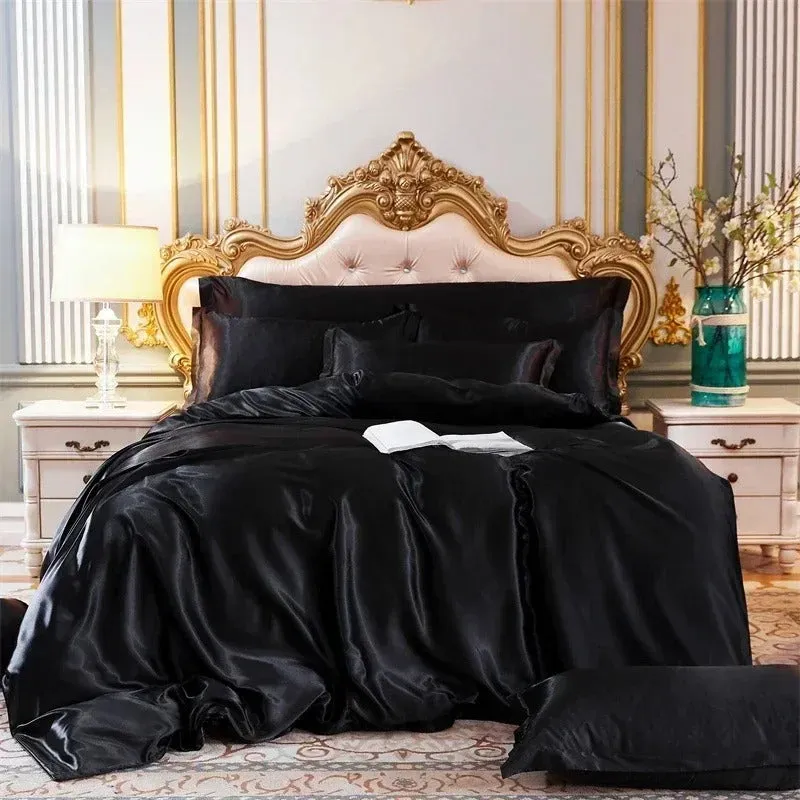 Anyhouz Beddings Black AU Queen Size 3 Pcs High End Satin Smooth Duvet Cover Set Luxury Polyester Silky Soft Cozy Bedding Set