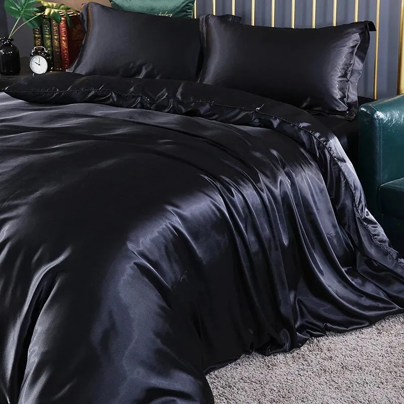 Anyhouz Beddings Black AU Queen Size 3 Pcs High End Satin Smooth Duvet Cover Set Luxury Polyester Silky Soft Cozy Bedding Set