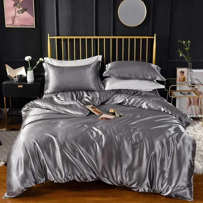 Anyhouz Beddings Gray AU EU King Size 3 Pc High End Satin Smooth Duvet Cover Set Luxury Polyester Silky Soft Cozy Bedding Set