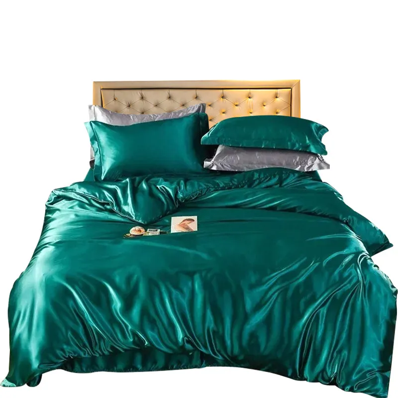 Anyhouz Beddings Green US Queen Size 3 Pcs High End Satin Smooth Duvet Cover Set Luxury Polyester Silky Soft Cozy Bedding Set