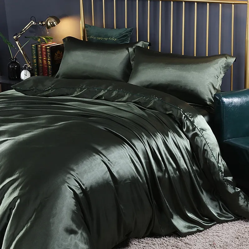 Anyhouz Beddings Green US Queen Size 3 Pcs High End Satin Smooth Duvet Cover Set Luxury Polyester Silky Soft Cozy Bedding Set