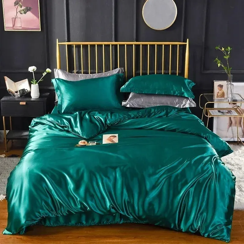 Anyhouz Beddings Green US Queen Size 3 Pcs High End Satin Smooth Duvet Cover Set Luxury Polyester Silky Soft Cozy Bedding Set