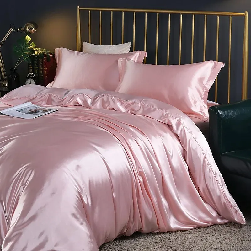 Anyhouz Beddings Light Pink AU EU King Size 3 Pc High End Satin Smooth Duvet Cover Set Luxury Polyester Silky Soft Cozy Bedding Set