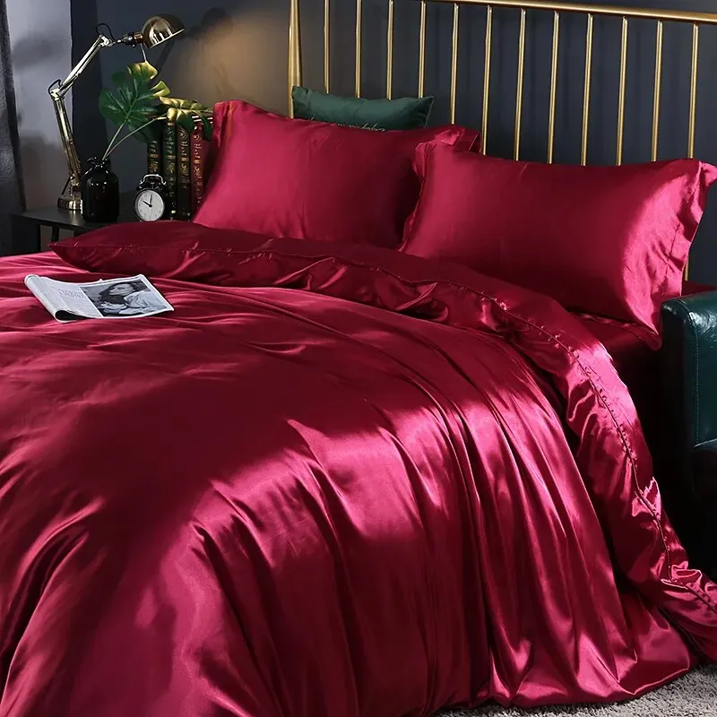 Anyhouz Beddings Magenta US King Size 3 Pcs High End Satin Smooth Duvet Cover Set Luxury Polyester Silky Soft Cozy Bedding Set