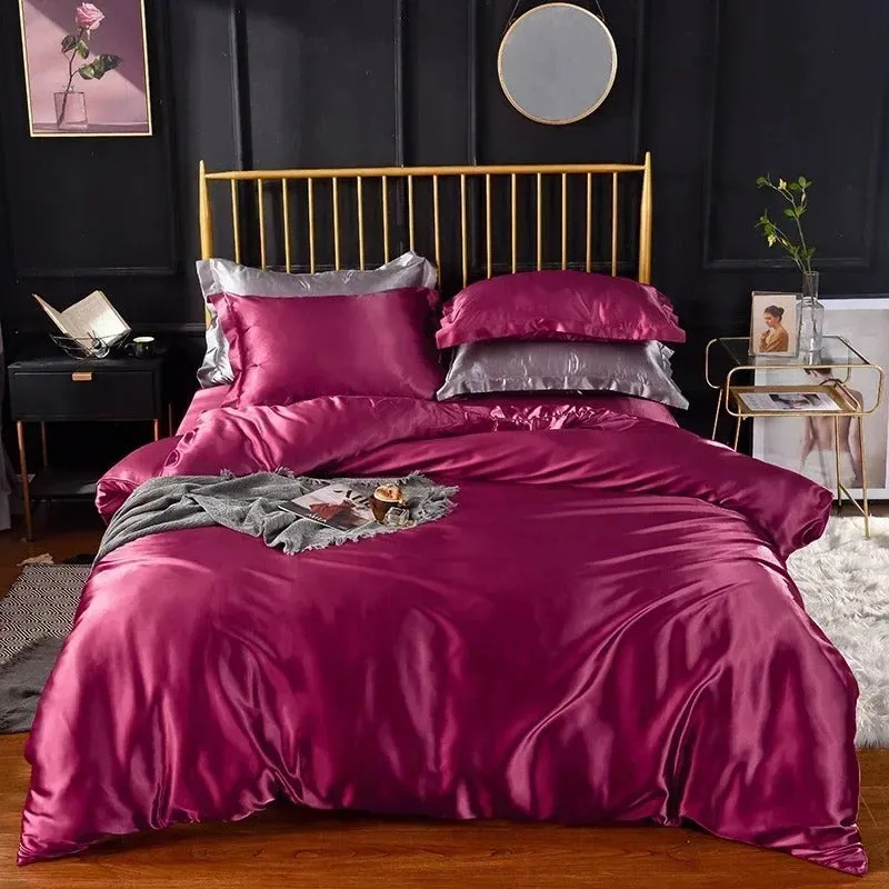 Anyhouz Beddings Magenta US King Size 3 Pcs High End Satin Smooth Duvet Cover Set Luxury Polyester Silky Soft Cozy Bedding Set