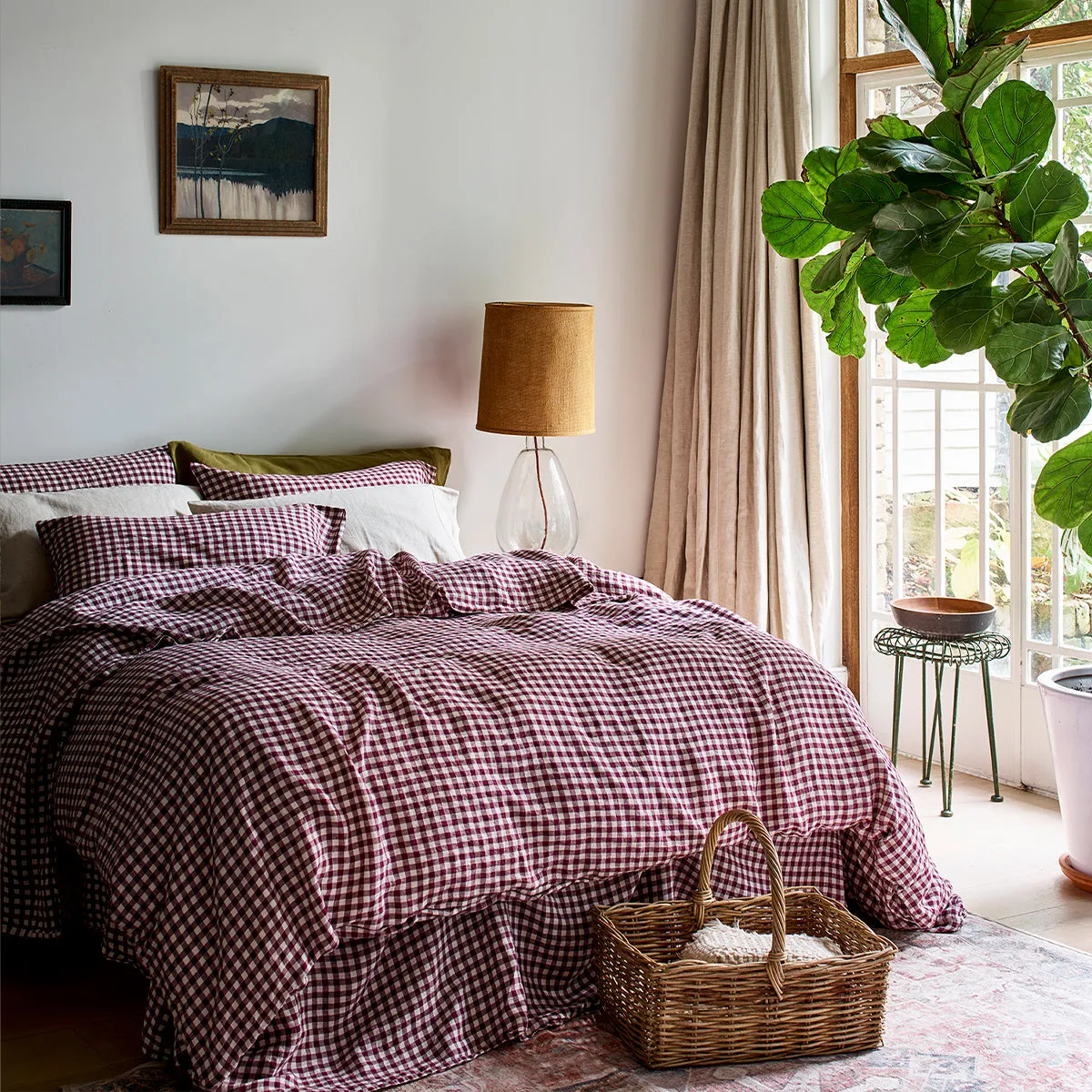 Berry Gingham Linen Blend Duvet Cover