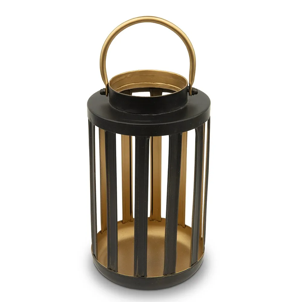 BLACK & GOLD METAL CYLINDER HANGING LANTERN  - SET OF 2