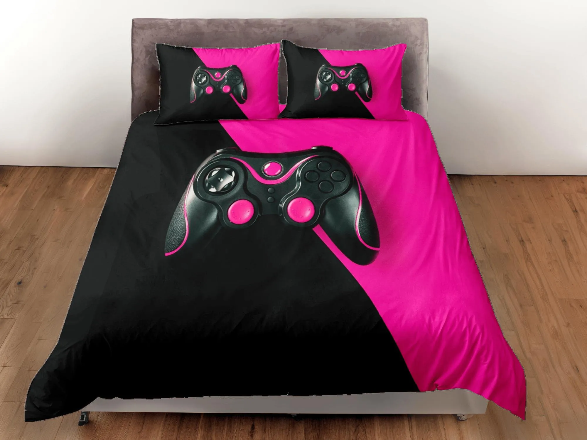 Black and pink gamer bedding duvet cover, video gamer girl gift bedding set full king queen twin, boys bedroom, college dorm bedding