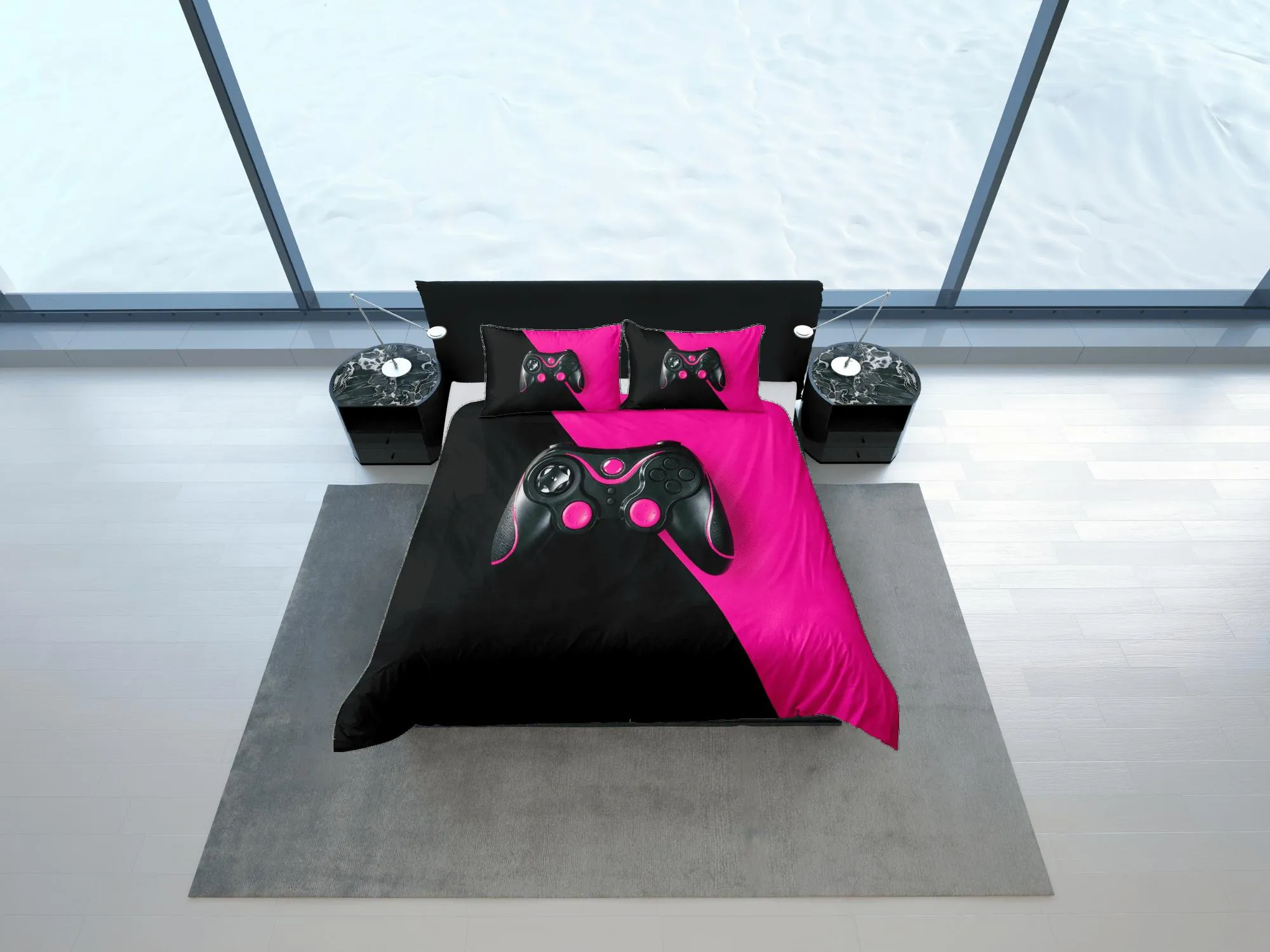 Black and pink gamer bedding duvet cover, video gamer girl gift bedding set full king queen twin, boys bedroom, college dorm bedding