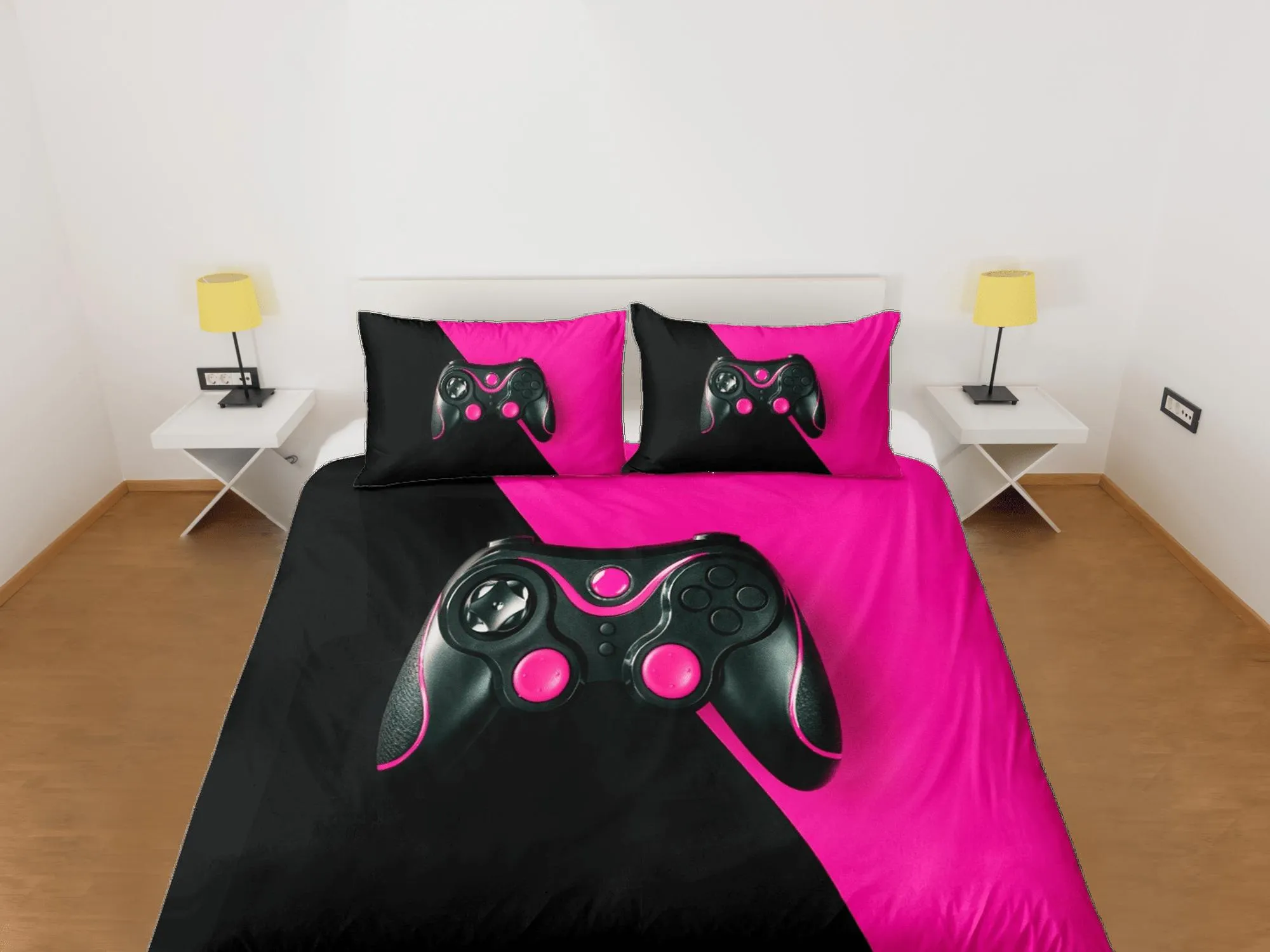 Black and pink gamer bedding duvet cover, video gamer girl gift bedding set full king queen twin, boys bedroom, college dorm bedding