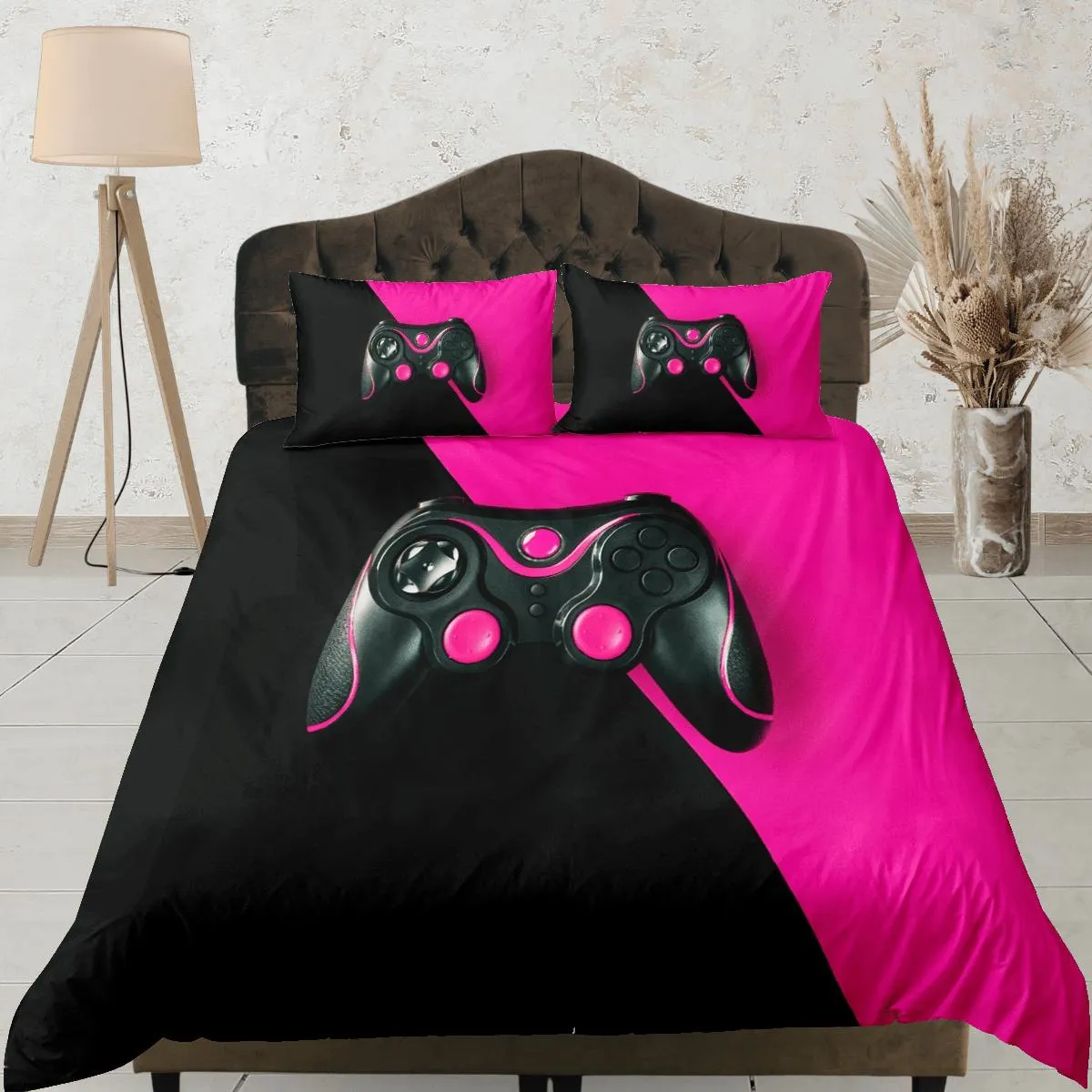 Black and pink gamer bedding duvet cover, video gamer girl gift bedding set full king queen twin, boys bedroom, college dorm bedding