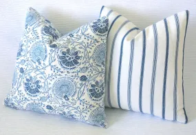 Blue Floral or Striped Pillow Cover / Hand Block Printed Pillow Covers