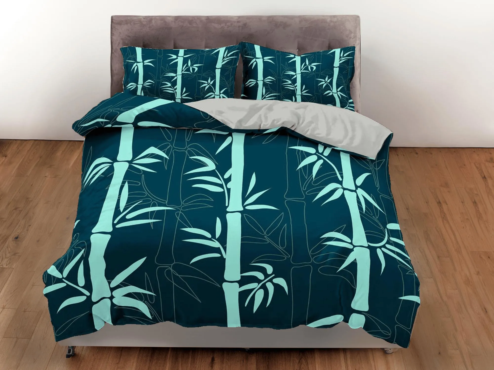 Botanical Duvet Cover Set Lucky Bamboo, Green Bedspread Dorm Bedding Set