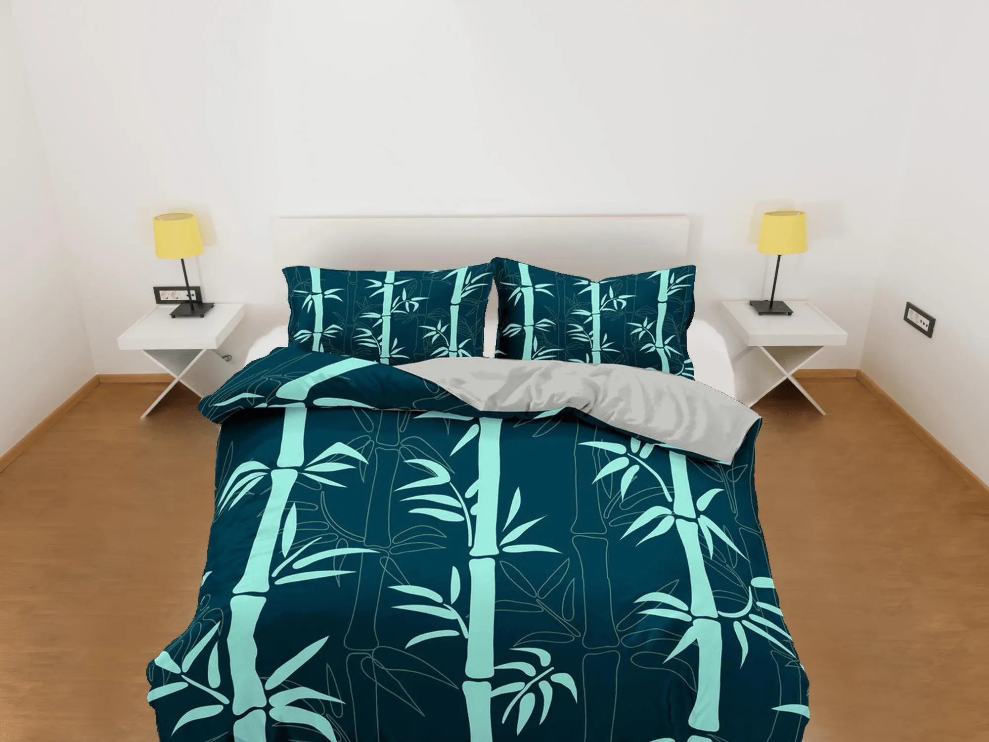 Botanical Duvet Cover Set Lucky Bamboo, Green Bedspread Dorm Bedding Set