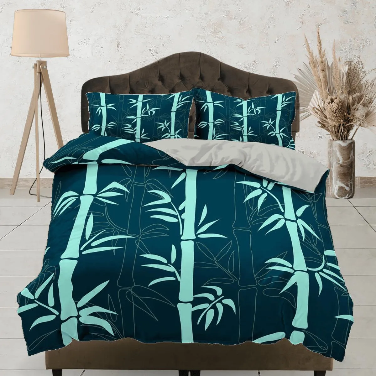 Botanical Duvet Cover Set Lucky Bamboo, Green Bedspread Dorm Bedding Set