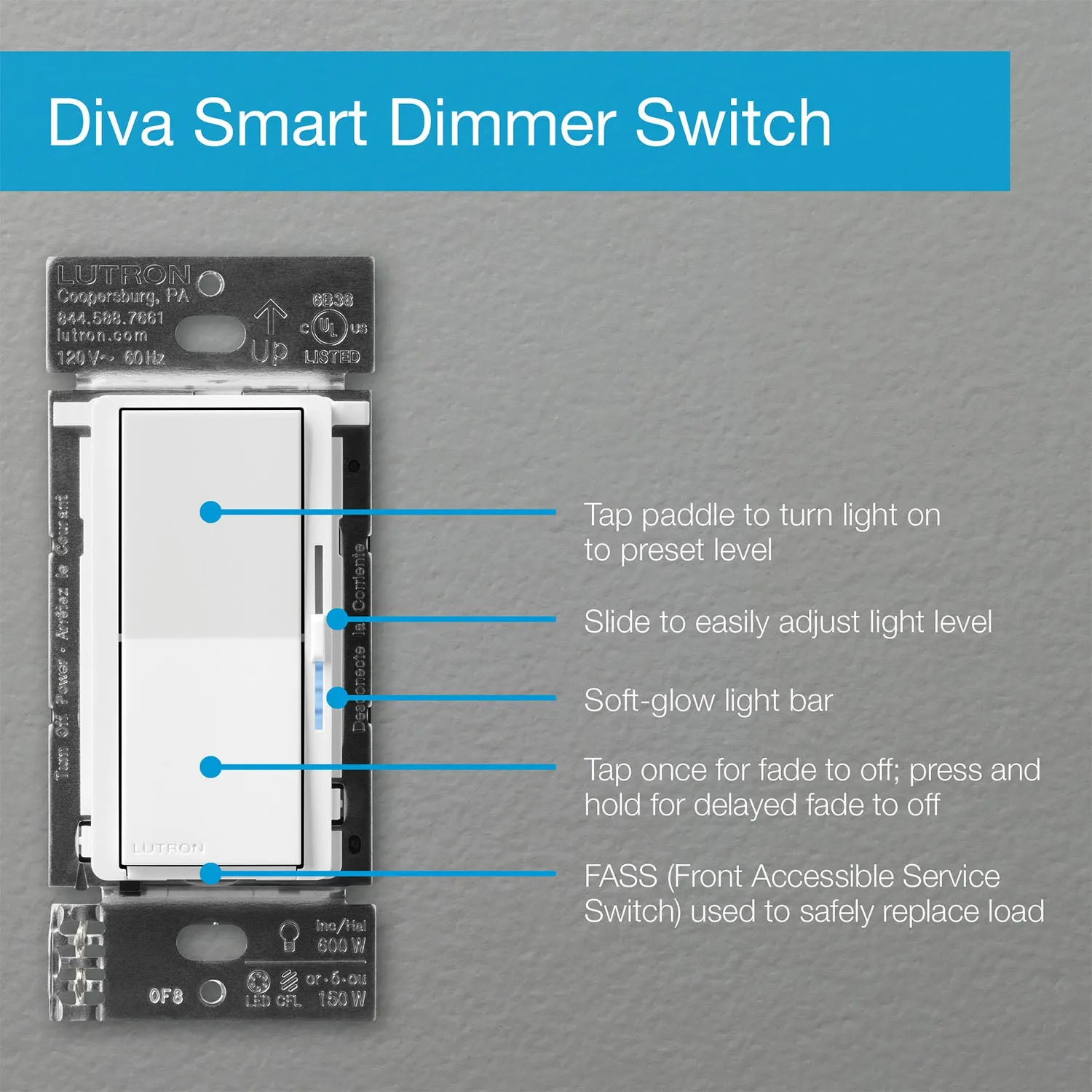 Caseta Diva Smart Dimmer Switch, 150-Watt LED, 3-Way/Multi-Location, White