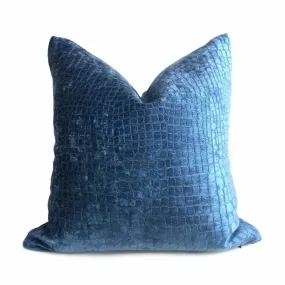 Cerulean Blue Crocodile Alligator Shiny Chenille Velvet Pillow Cover (Fabric by the Yard available)