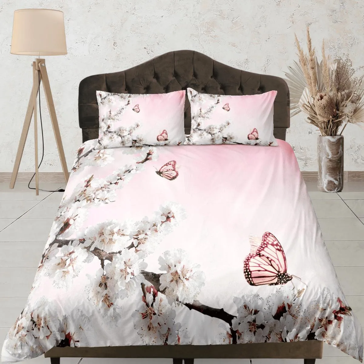 Cherry blossom and butterfly bedding, pink duvet cover, floral printed dorm bedding, aesthetic bedding, maximalist full size bedding