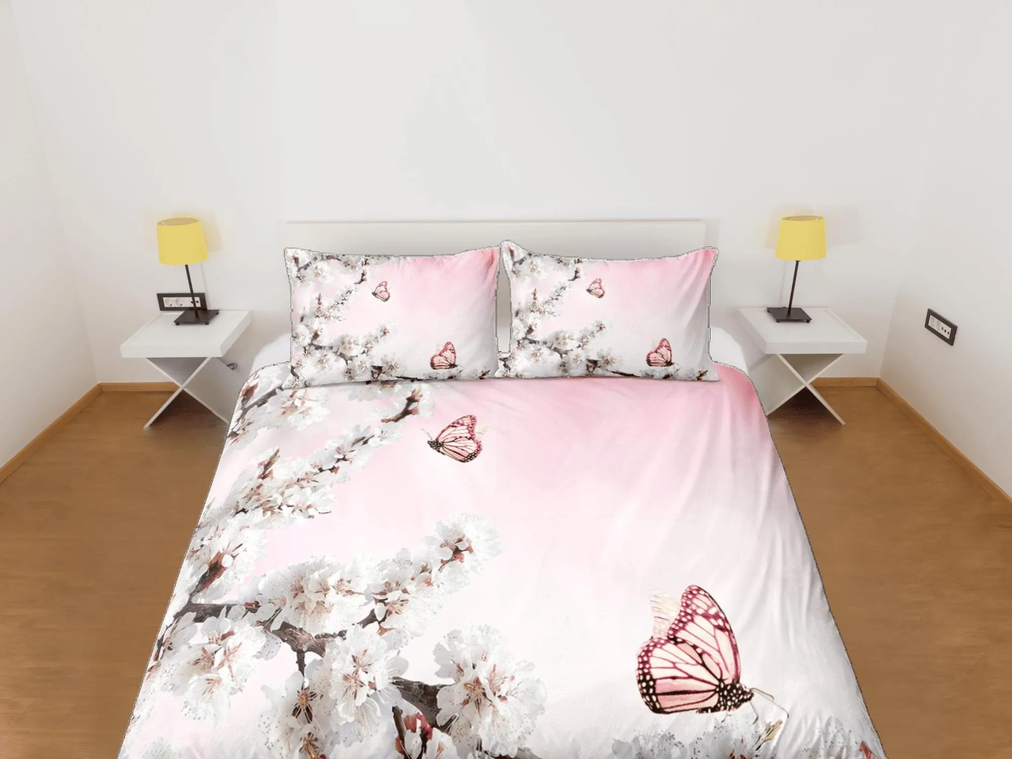 Cherry blossom and butterfly bedding, pink duvet cover, floral printed dorm bedding, aesthetic bedding, maximalist full size bedding