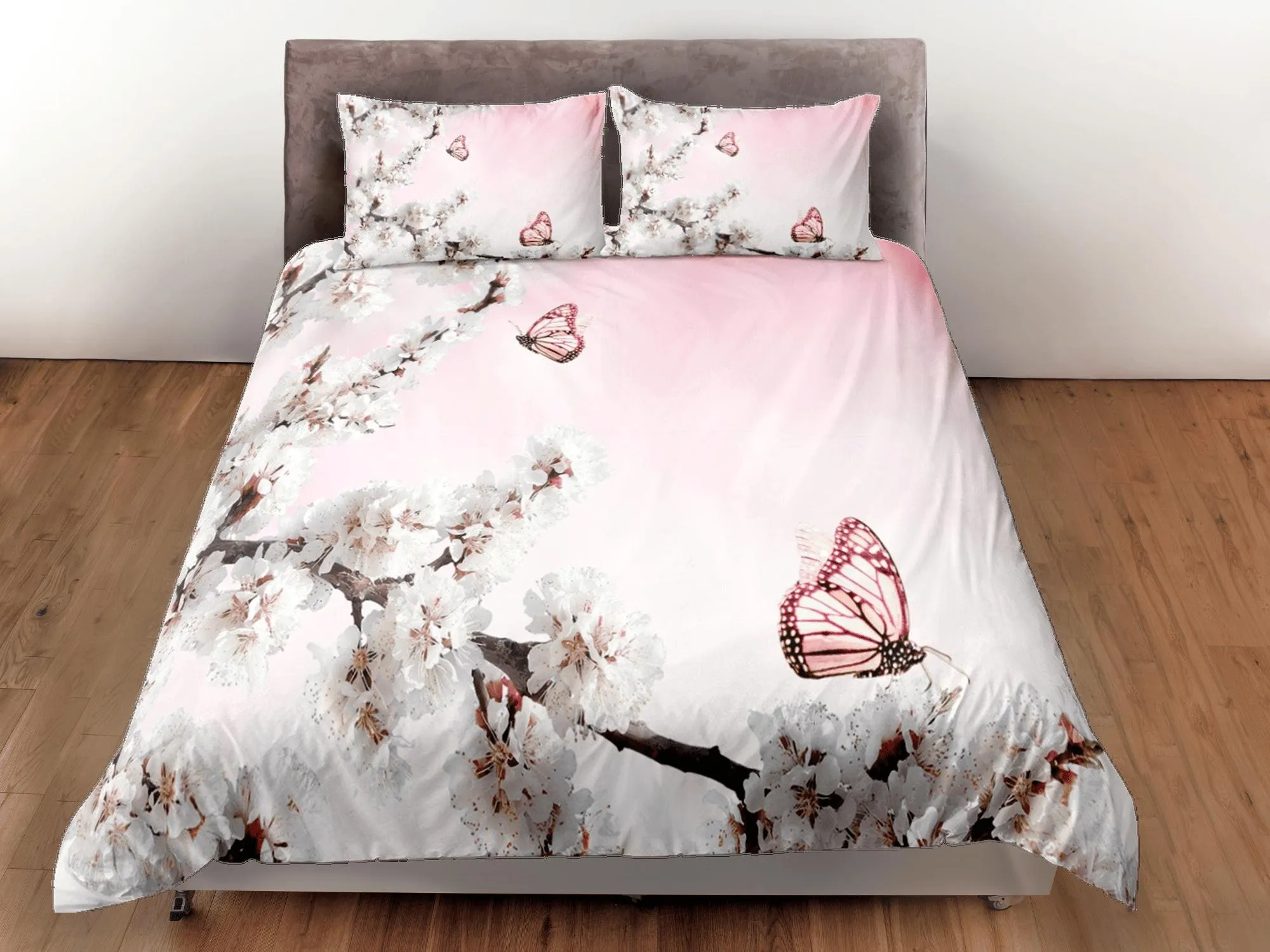 Cherry blossom and butterfly bedding, pink duvet cover, floral printed dorm bedding, aesthetic bedding, maximalist full size bedding