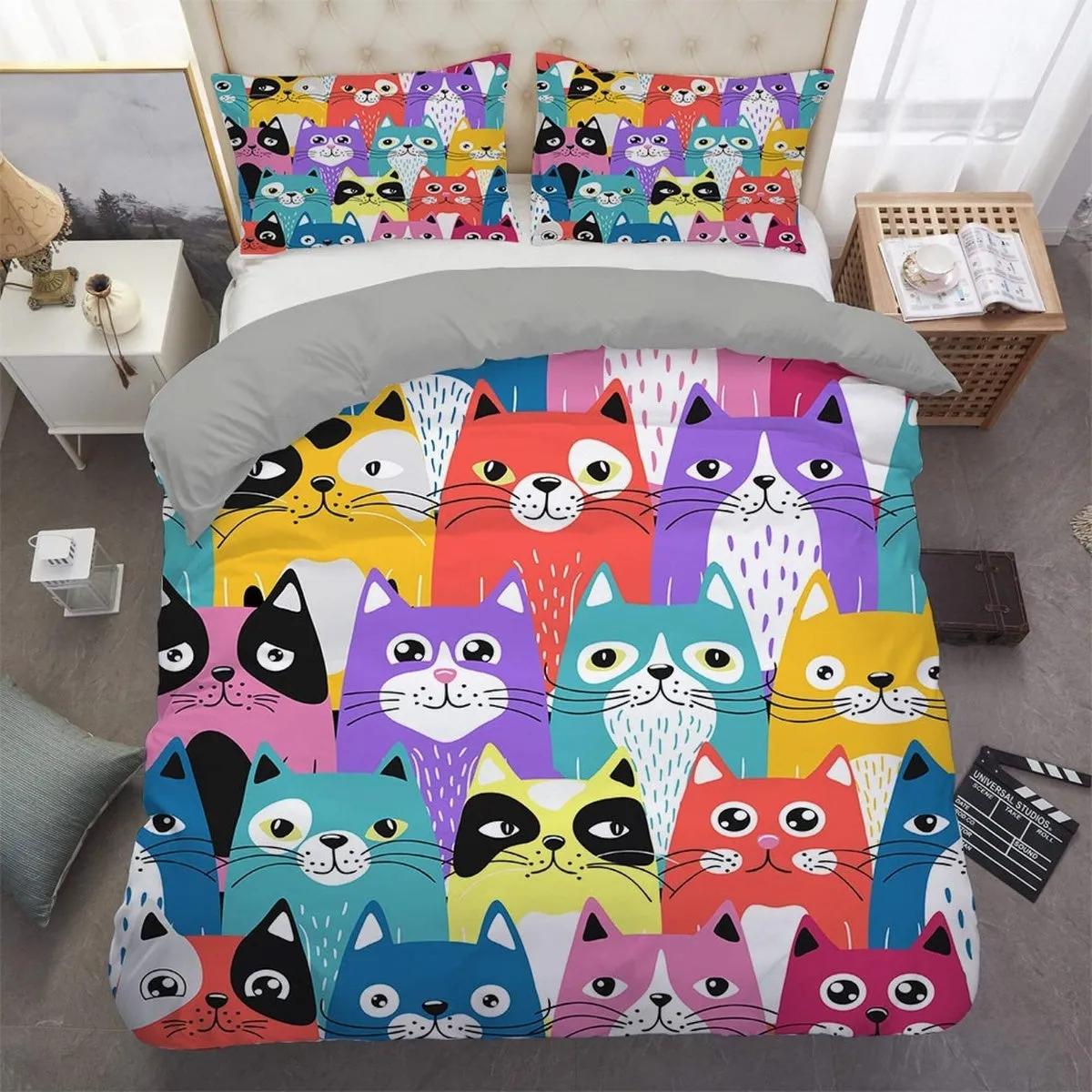 Colorful cat bedding, toddler bedding, kids duvet cover set, gift for cat lovers, baby bedding, baby shower gift