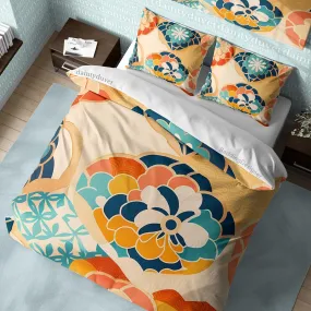 Colorful Chrysanthemum Quilt Cover Japanese Bedding Set, Cotton Duvet Cover Boho Bedspread, Teens Bedroom Blanket Cover Unique Bed Cover