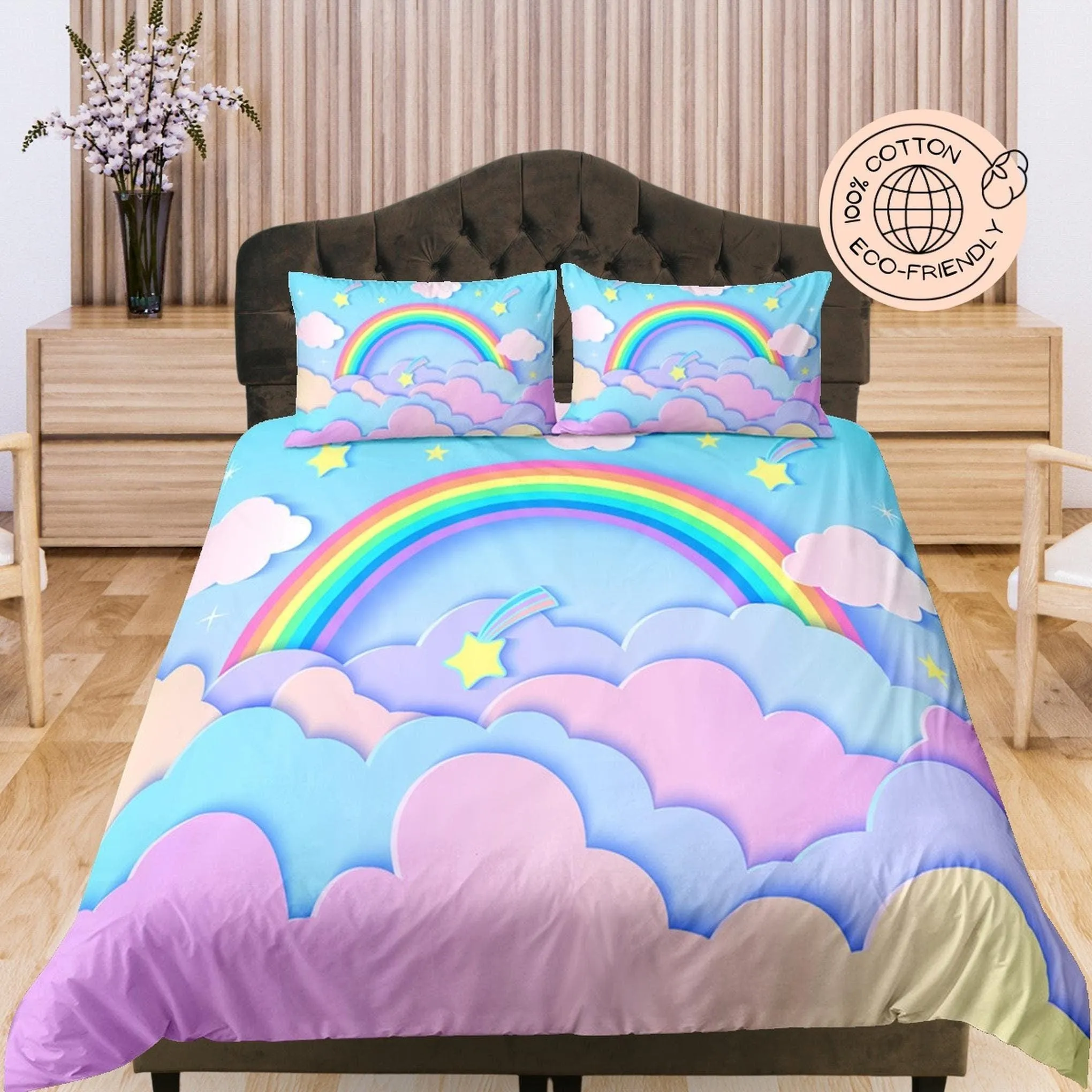 Colorful Sky Rainbow Cotton Duvet Cover Set for Kids,  Pastel Colors, Purple and Pink Toddler Bedding, Baby Zipper Bedding, Nursery Bedding