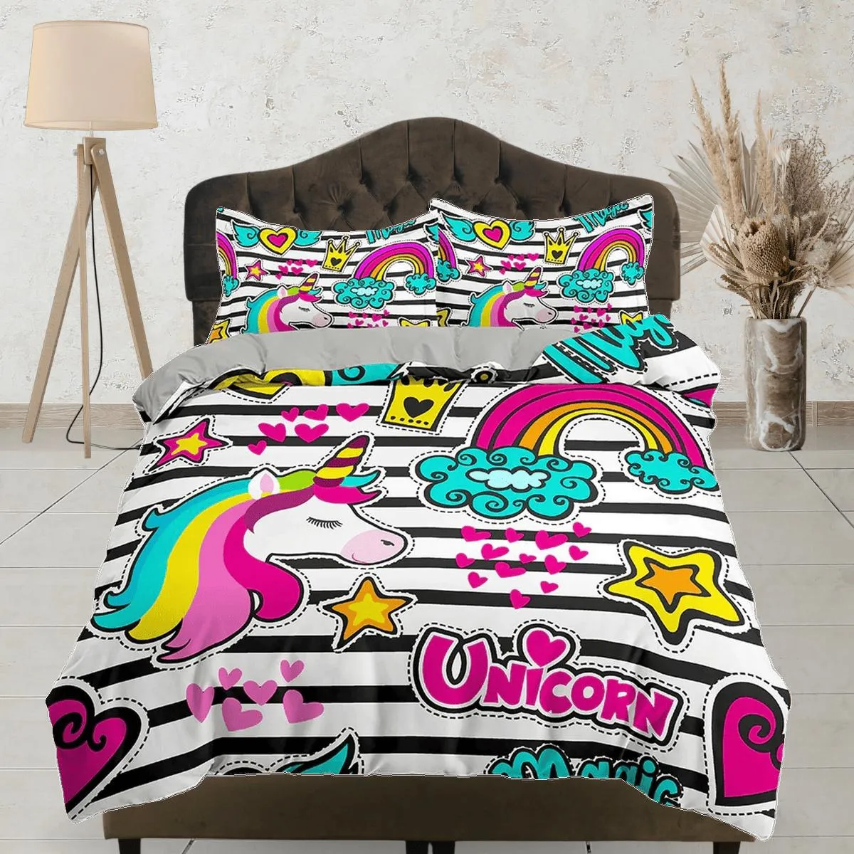 Colorful unicorn black and white stripes funky toddler bedding, unique duvet cover, crib bedding, baby zipper bedding, king queen full twin