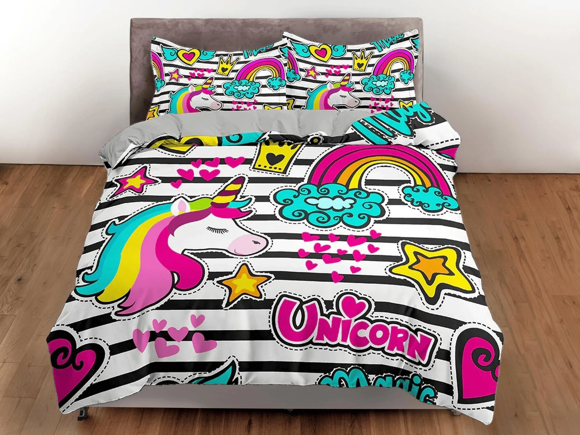 Colorful unicorn black and white stripes funky toddler bedding, unique duvet cover, crib bedding, baby zipper bedding, king queen full twin