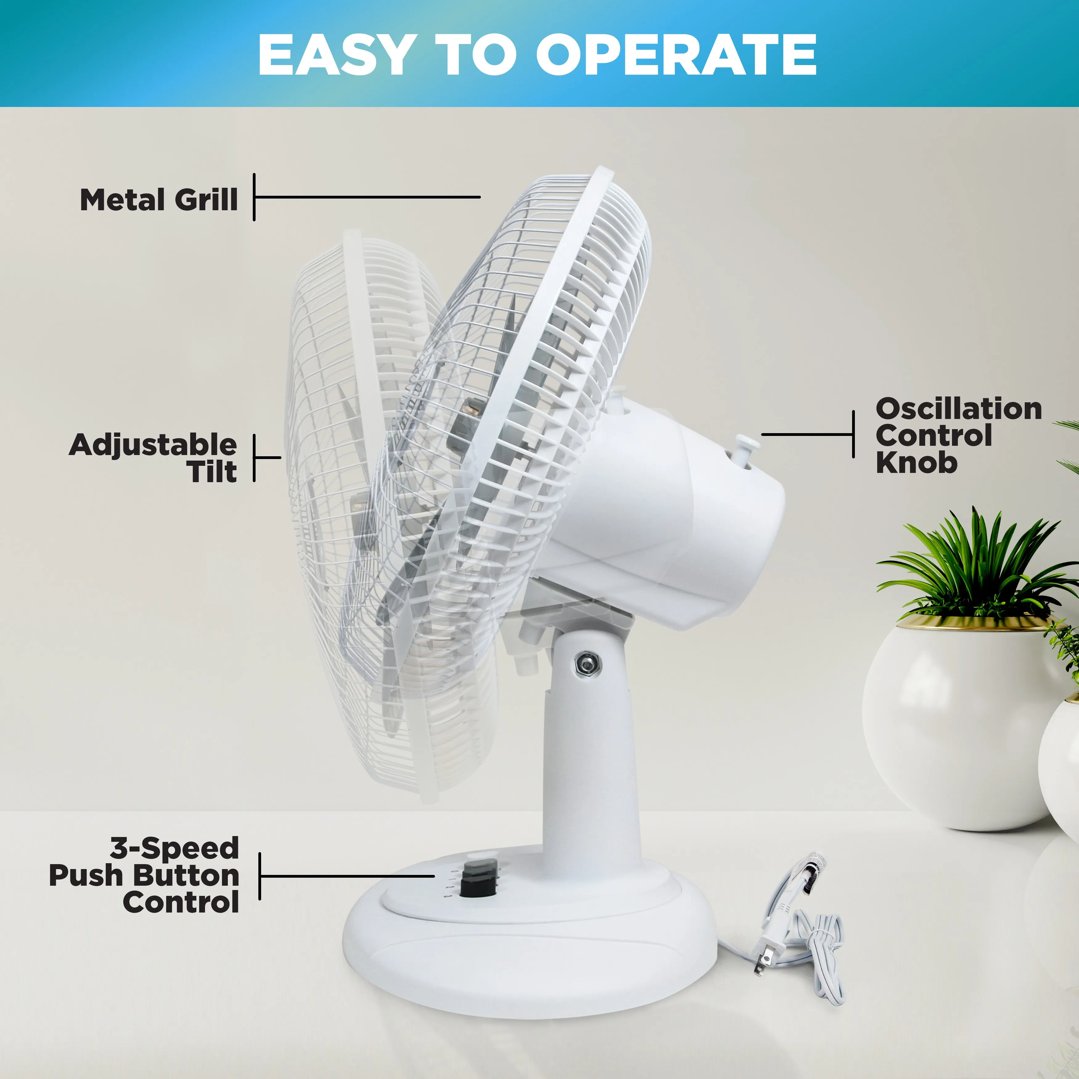 Comfort Zone 16" 3-Speed Oscillating Table Fan with Adjustable Tilt in White & Black