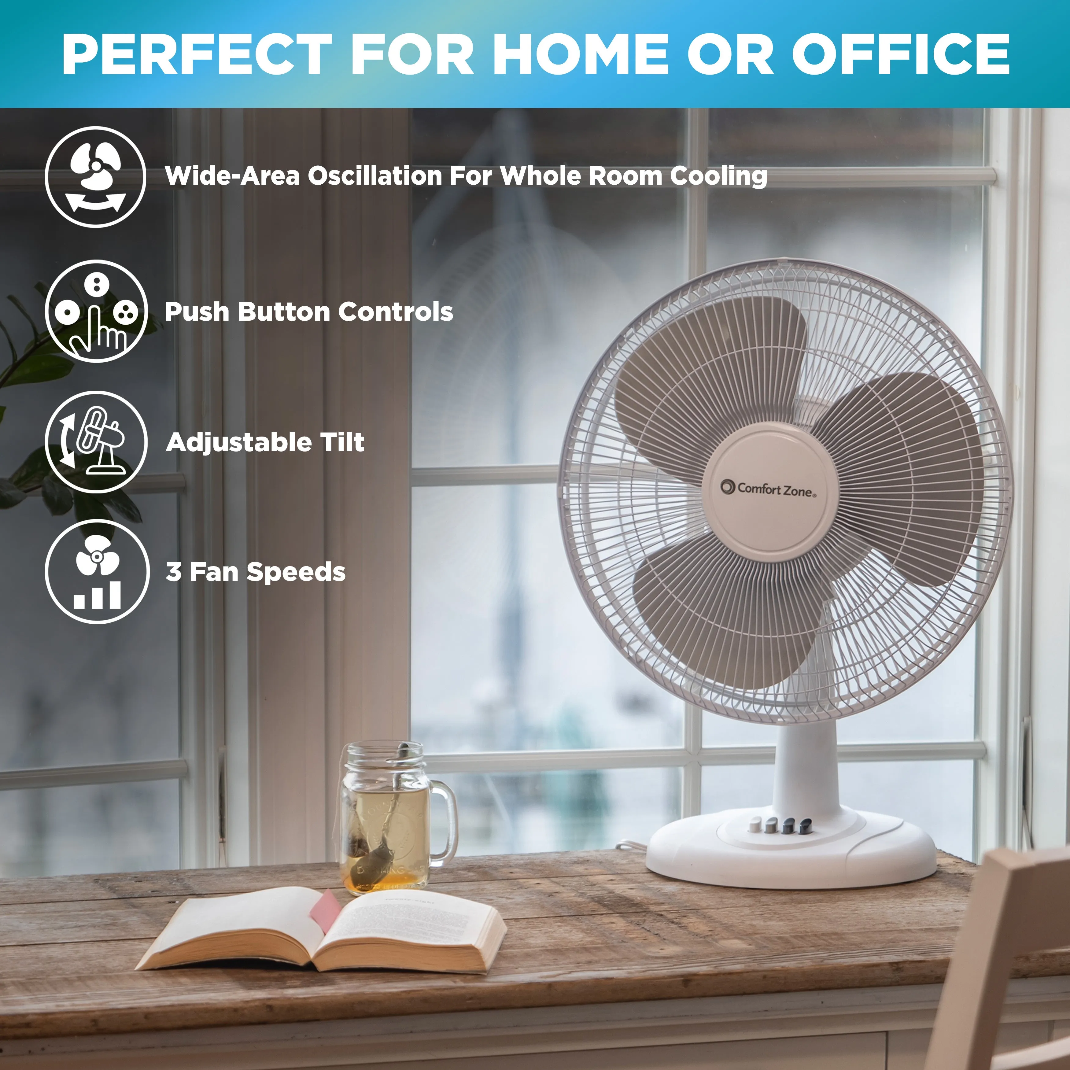 Comfort Zone 16" 3-Speed Oscillating Table Fan with Adjustable Tilt in White & Black