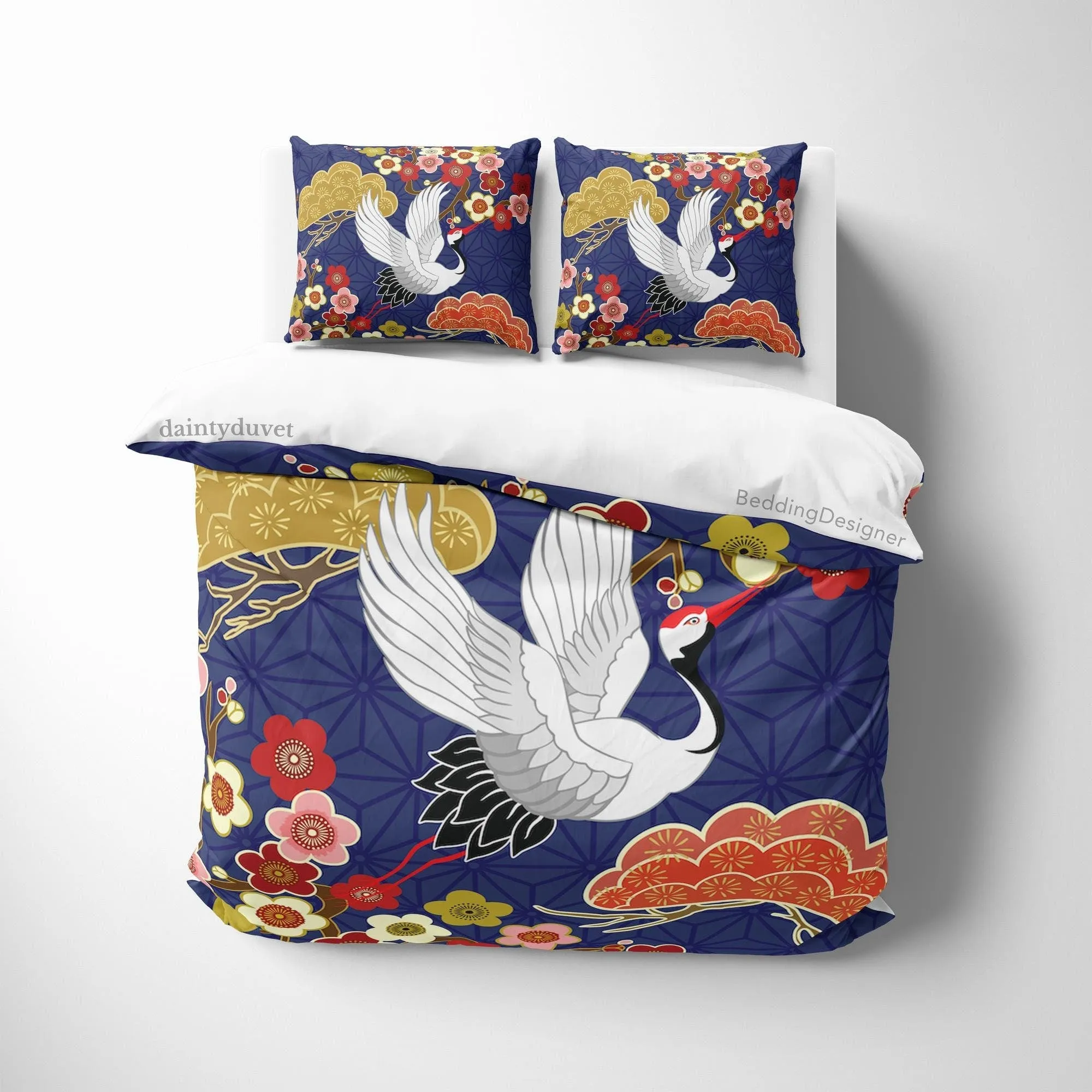 Crane Duvet Cover Japanese Quilt Cover, Colorful Flower Bedding Set Blue Pattern Bedspread, Adults Bedroom Blanket Cover