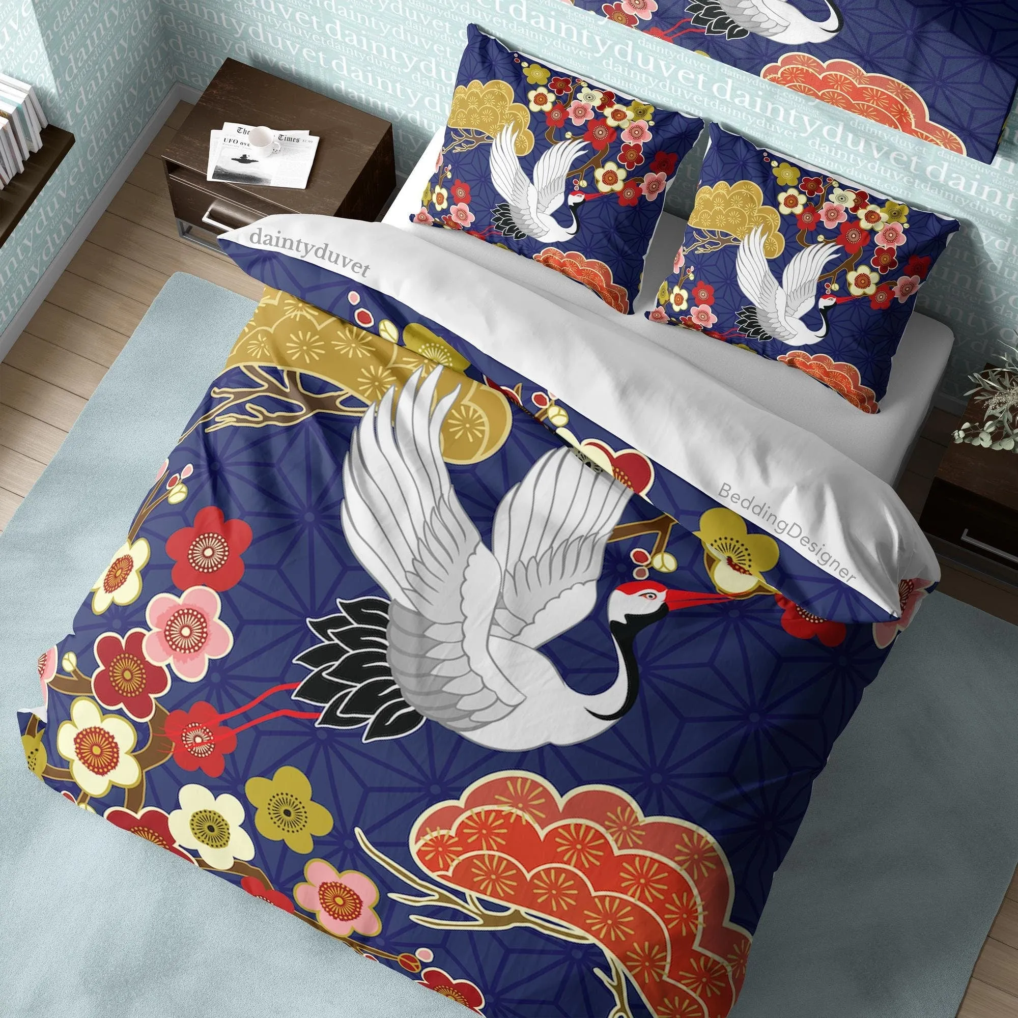 Crane Duvet Cover Japanese Quilt Cover, Colorful Flower Bedding Set Blue Pattern Bedspread, Adults Bedroom Blanket Cover