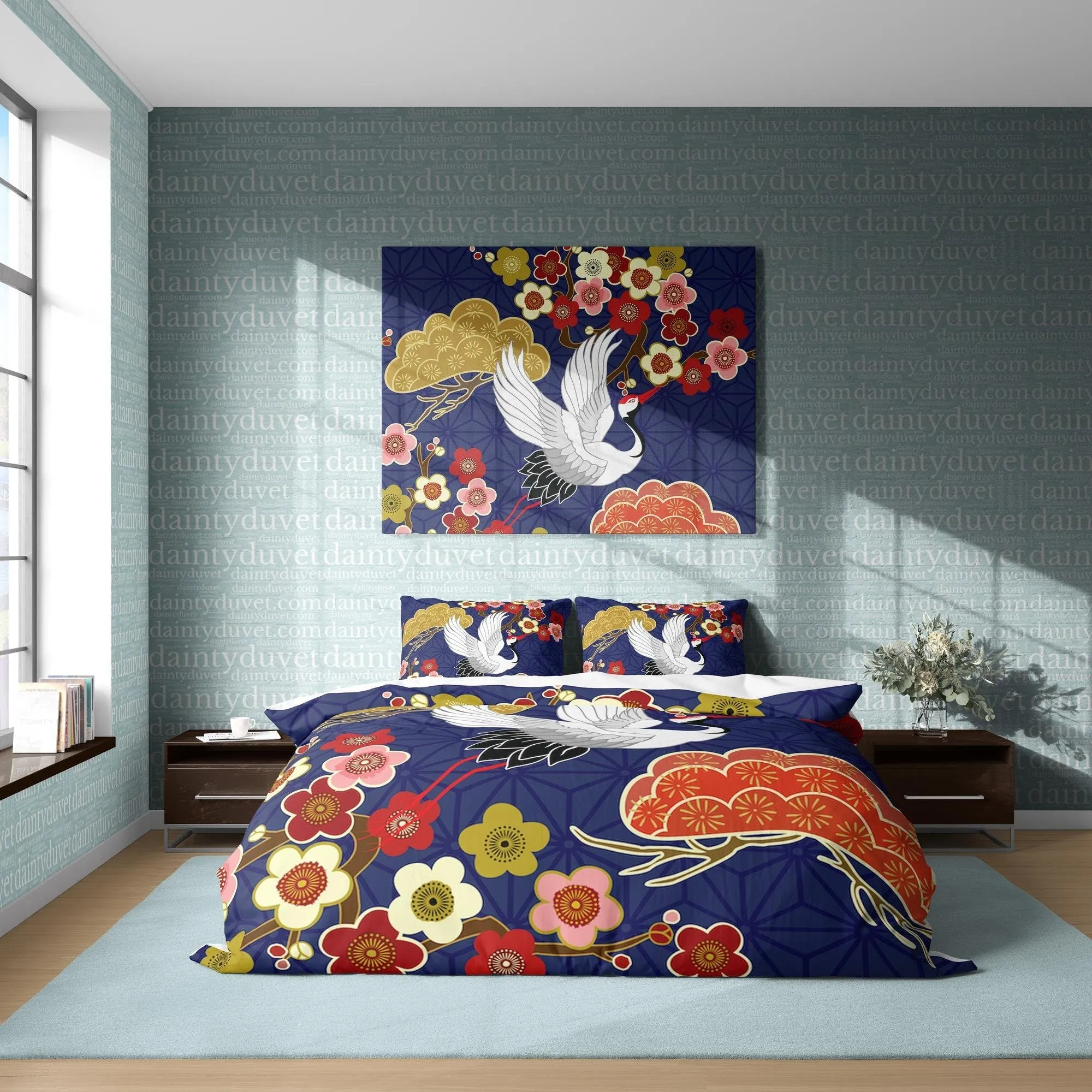 Crane Duvet Cover Japanese Quilt Cover, Colorful Flower Bedding Set Blue Pattern Bedspread, Adults Bedroom Blanket Cover