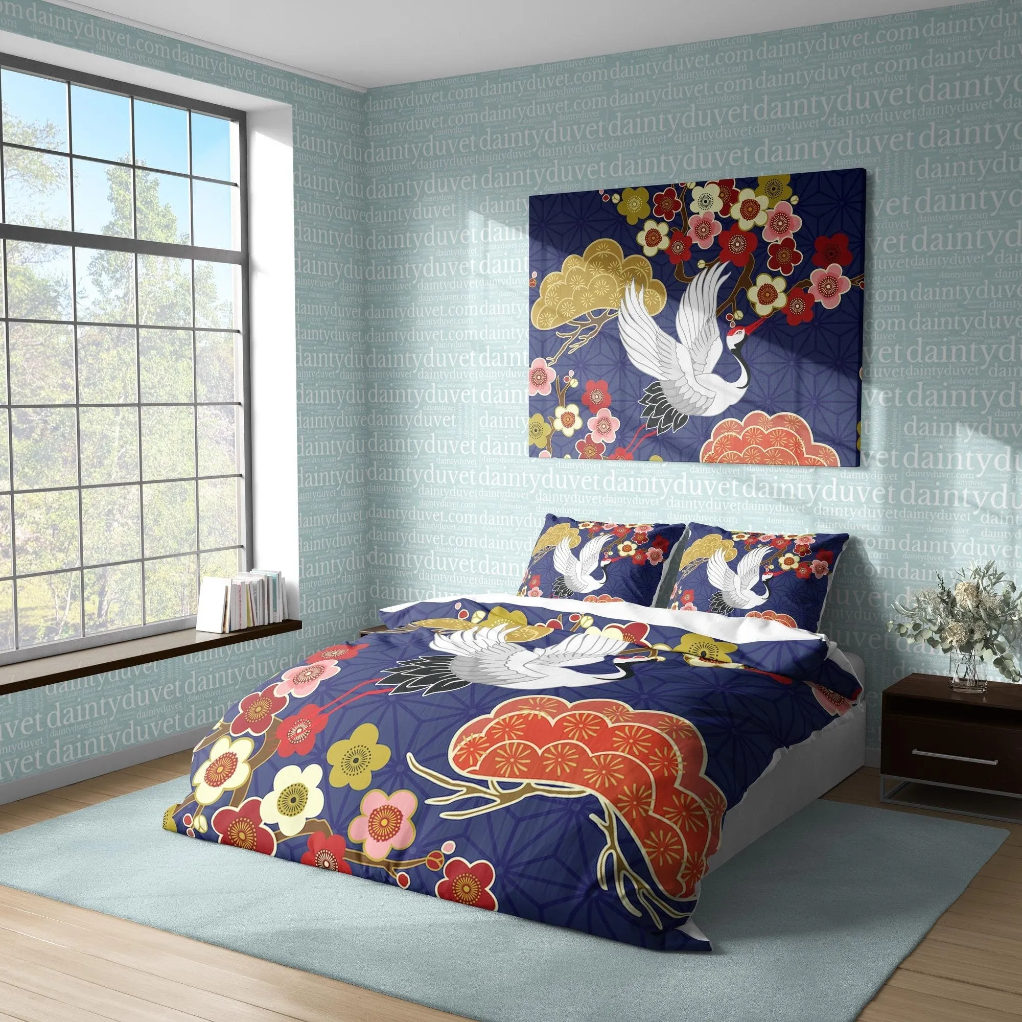 Crane Duvet Cover Japanese Quilt Cover, Colorful Flower Bedding Set Blue Pattern Bedspread, Adults Bedroom Blanket Cover